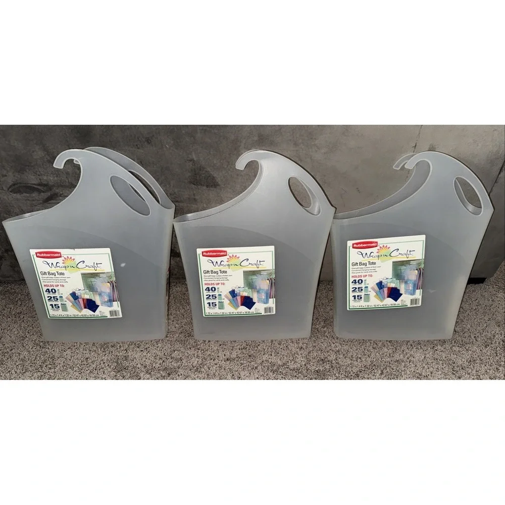 Set of 3 Rubbermaid Wrap n Craft Gift Bag Totes Clear Stackable Hanging 2003 USA